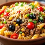 Cowboy pasta salad with pasta, ground beef, cherry tomatoes, black olives, corn, green onion, and cheddar cheese.